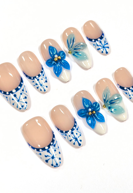 Mykonos Blue Bloom Press On Nails