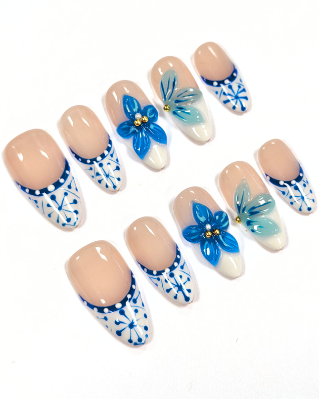Mykonos Blue Bloom Press On Nails