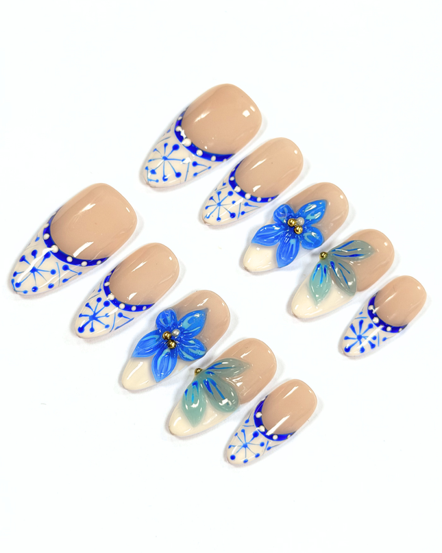 Mykonos Blue Bloom Press On Nails