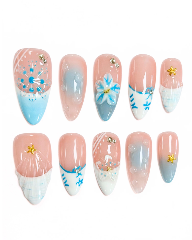 Santorini Sea Bloom Press On Nails