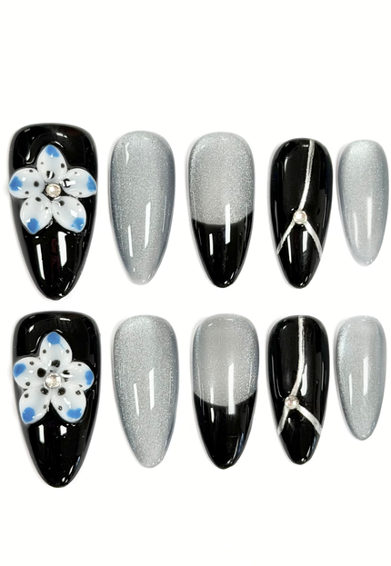 Silver Noir Bloom Press On Nails