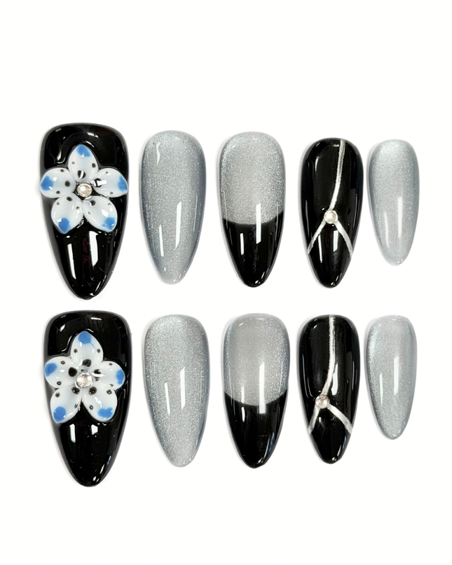 Silver Noir Bloom Press On Nails