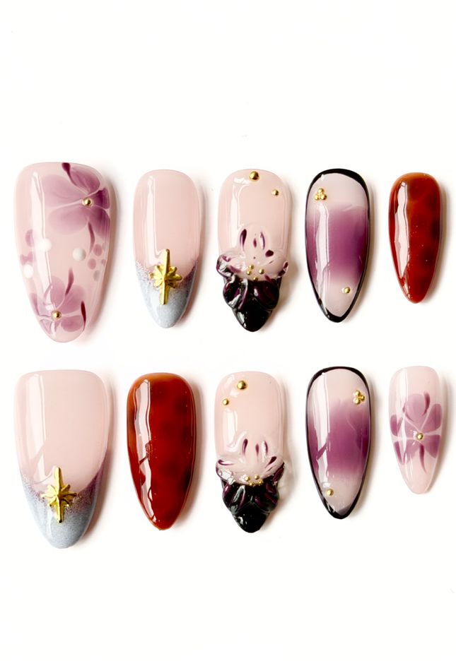 Purple Floral Press On Nails