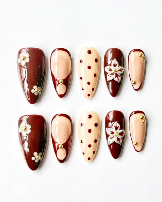 Maroon Blossom Press On Nails