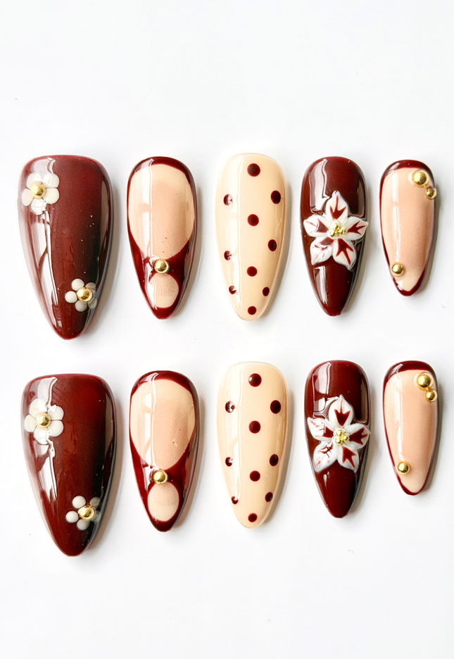 Maroon Blossom Press On Nails
