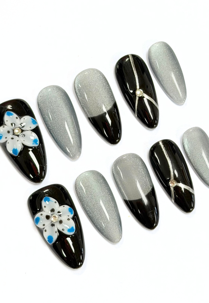 Silver Noir Bloom Press On Nails