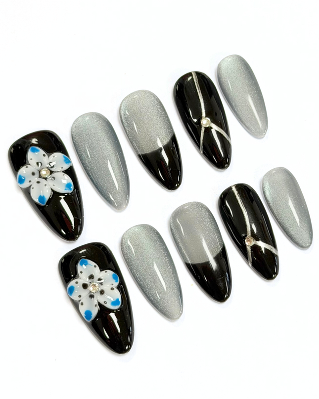 Silver Noir Bloom Press On Nails