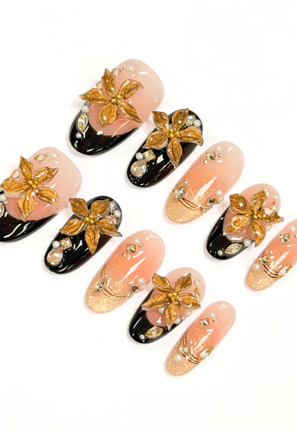 Golden Noir Bloom Press On Nails