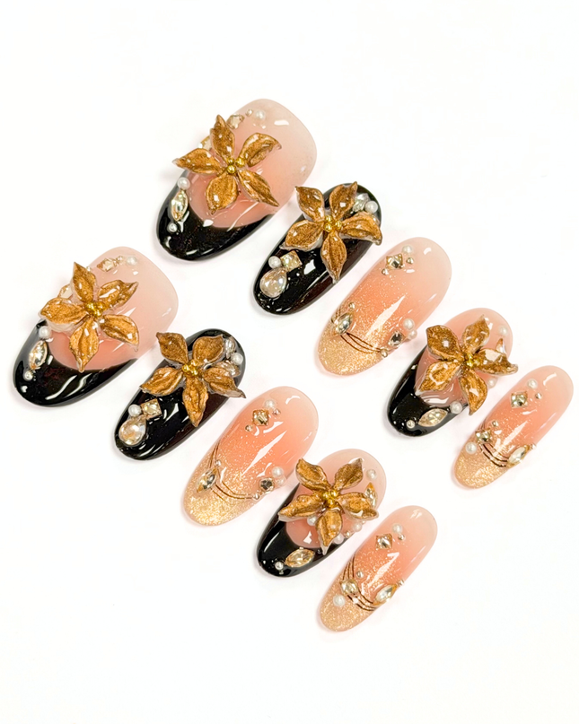 Golden Noir Bloom Press On Nails