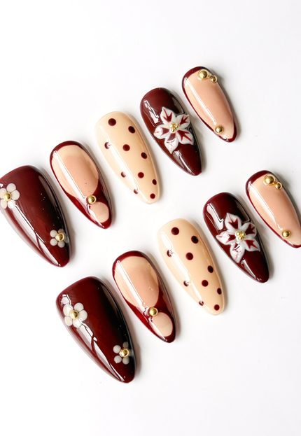 Maroon Blossom Press On Nails