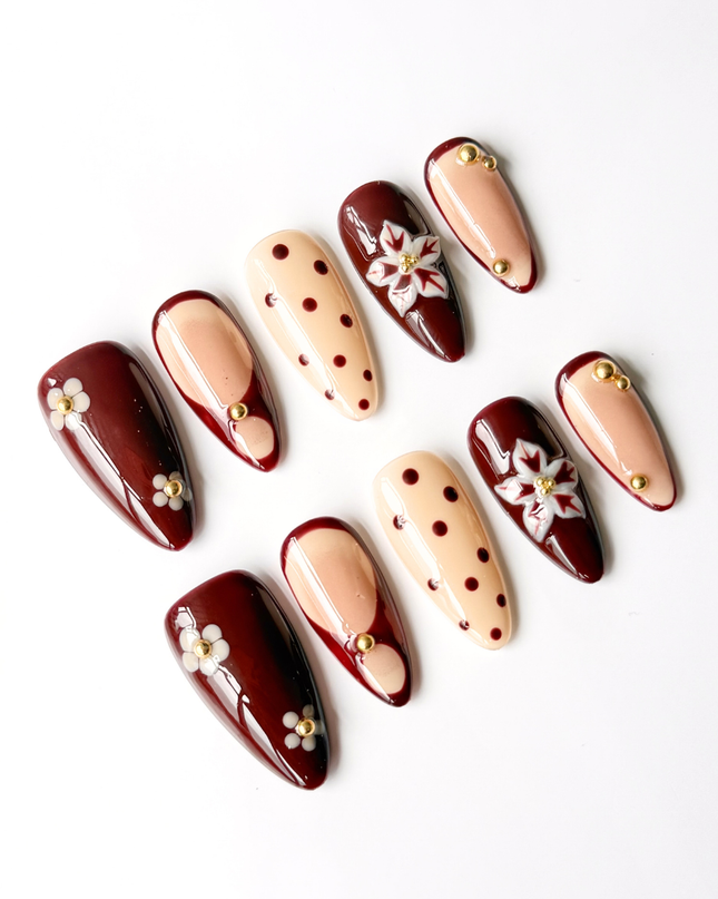Maroon Blossom Press On Nails