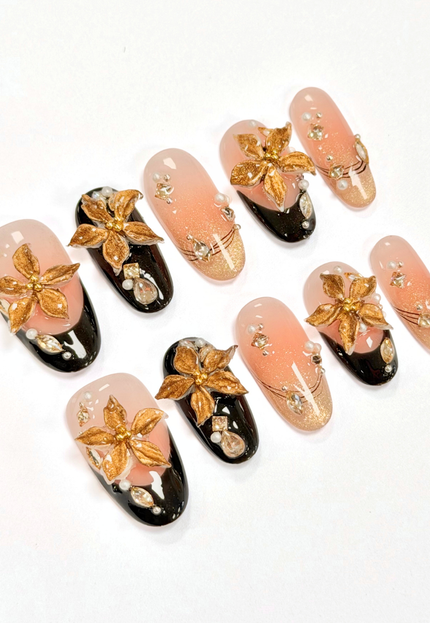 Golden Noir Bloom Press On Nails