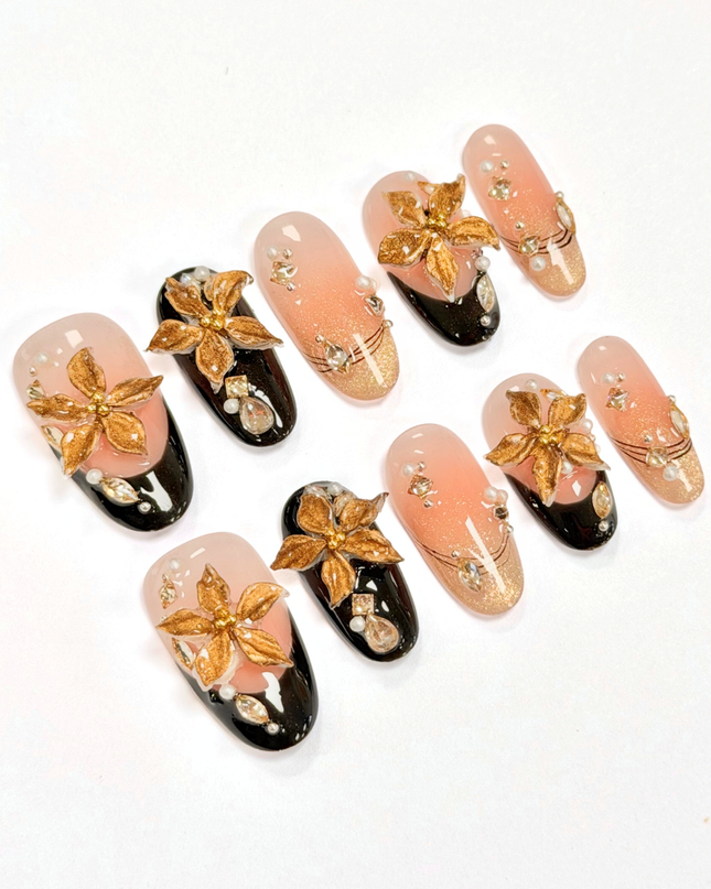 Golden Noir Bloom Press On Nails