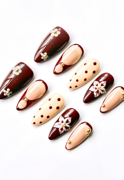 Maroon Blossom Press On Nails