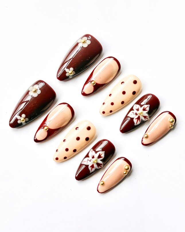 Maroon Blossom Press On Nails