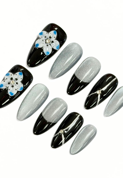 Silver Noir Bloom Press On Nails