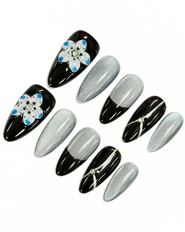 Silver Noir Bloom Press On Nails