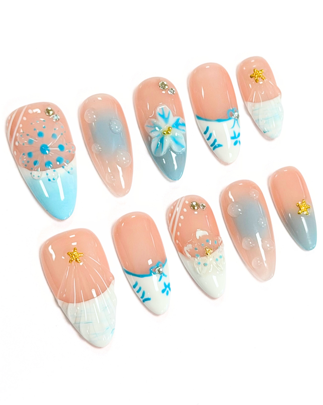Santorini Sea Bloom Press On Nails