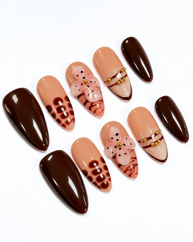 Mocha Wildflower Press On Nails