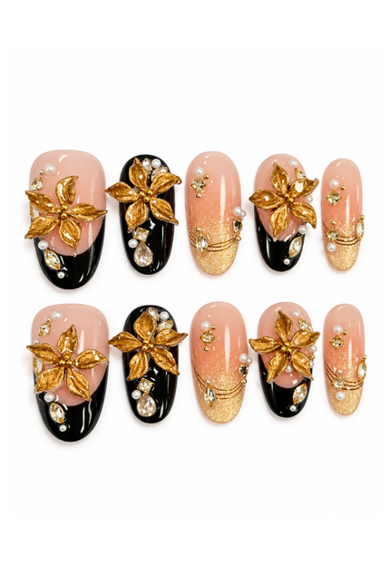Golden Noir Bloom Press On Nails