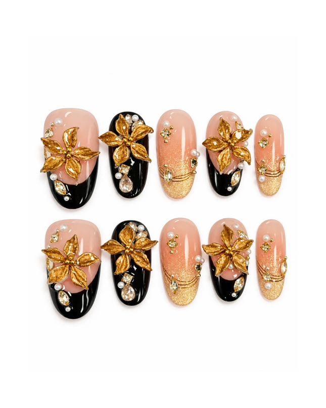 Golden Noir Bloom Press On Nails