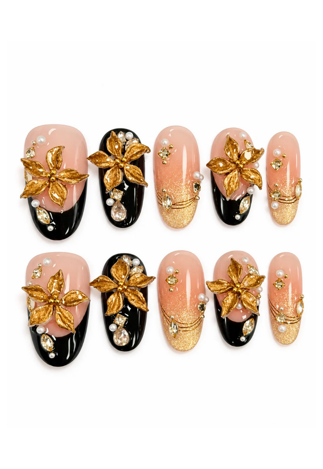 Golden Noir Bloom Press On Nails
