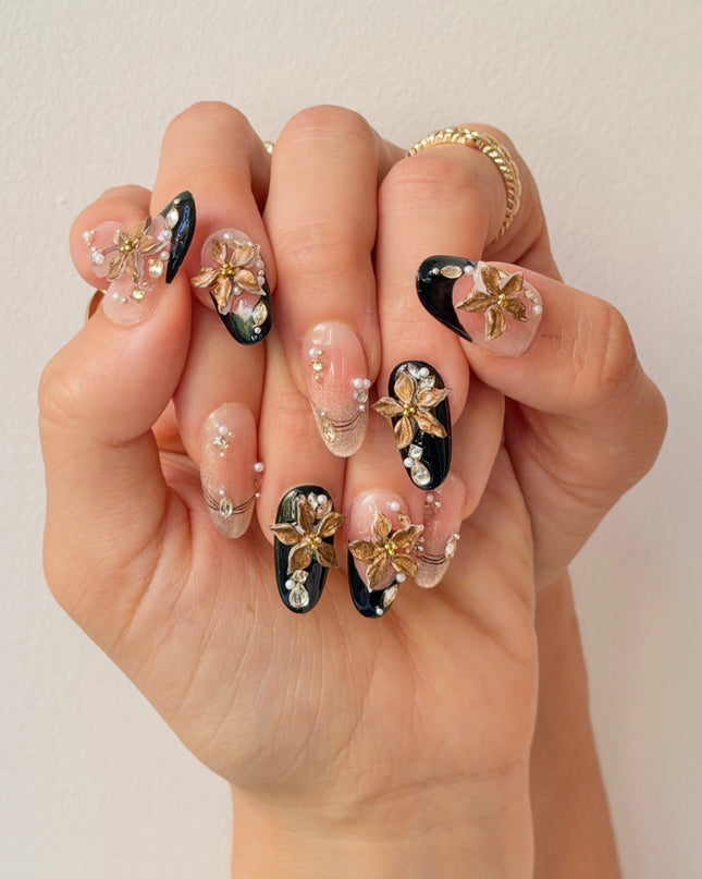 Golden Noir Bloom Press On Nails