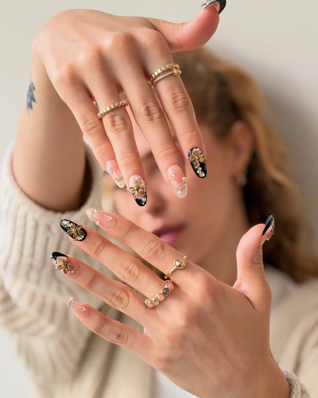 Golden Noir Bloom Press On Nails