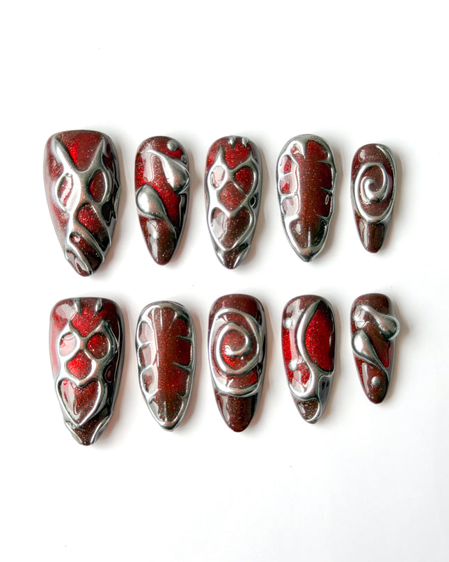 Cherry Chrome Press On Nails