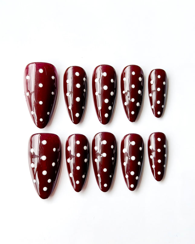 Dark Red Polka-Dot Press On Nails