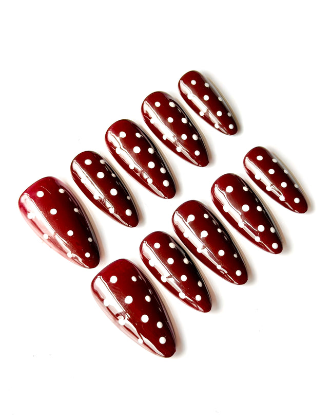 Dark Red Polka-Dot Press On Nails