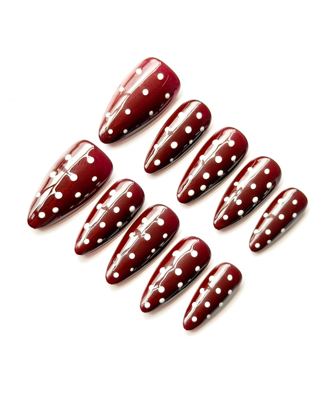 Dark Red Polka-Dot Press On Nails