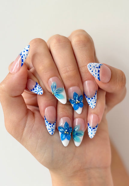 Mykonos Blue Bloom Press On Nails