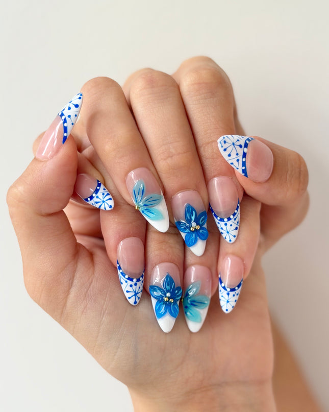 Mykonos Blue Bloom Press On Nails