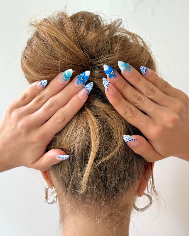 Mykonos Blue Bloom Press On Nails