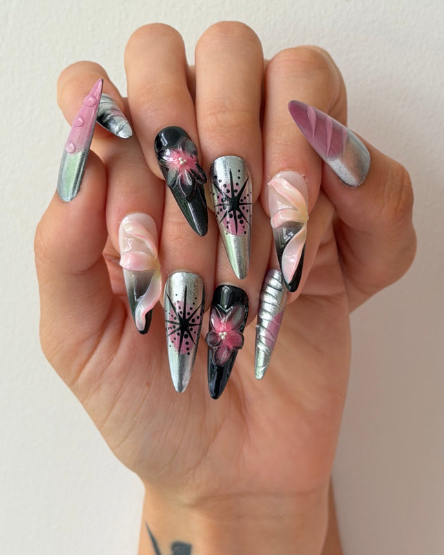 Midnight Orchid Chrome Press On Nails