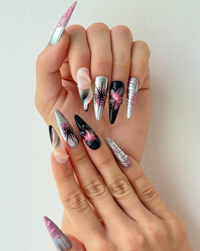 Midnight Orchid Chrome Press On Nails