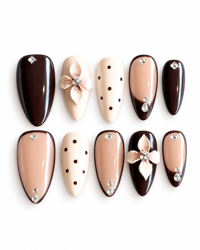 Brown 3D Floral Press On Nails