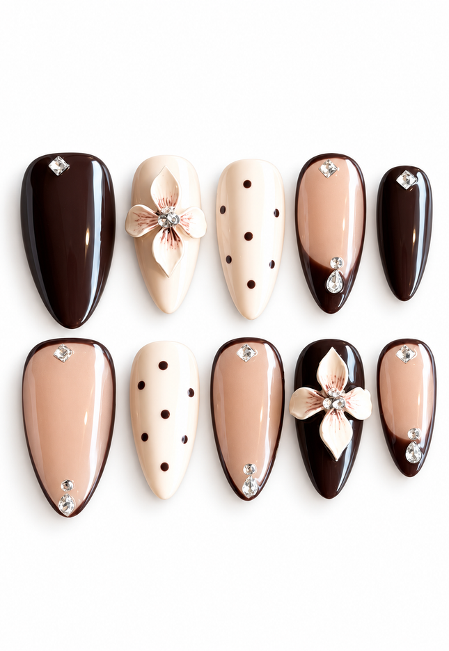 Brown 3D Floral Press On Nails