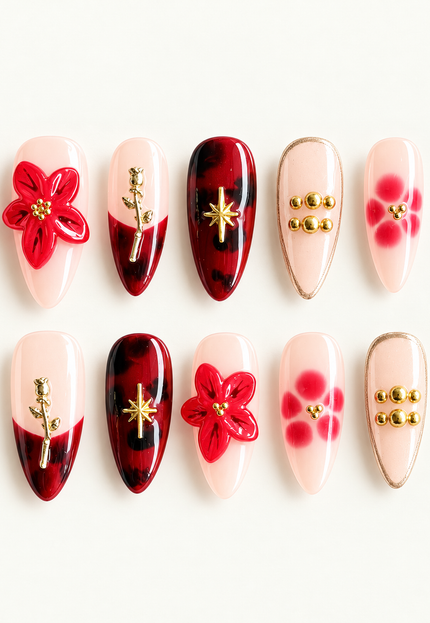 Red 3D Floral Press On Nails