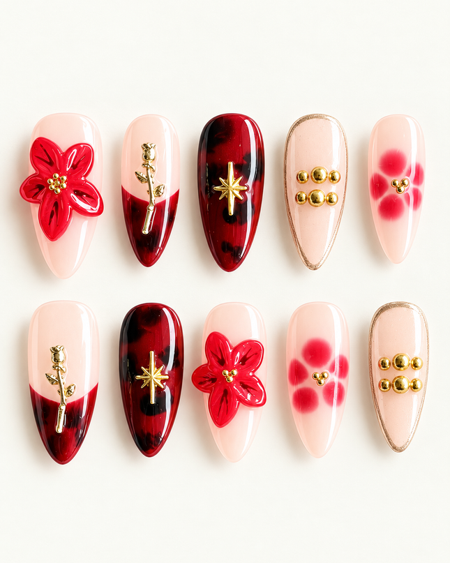 Red 3D Floral Press On Nails