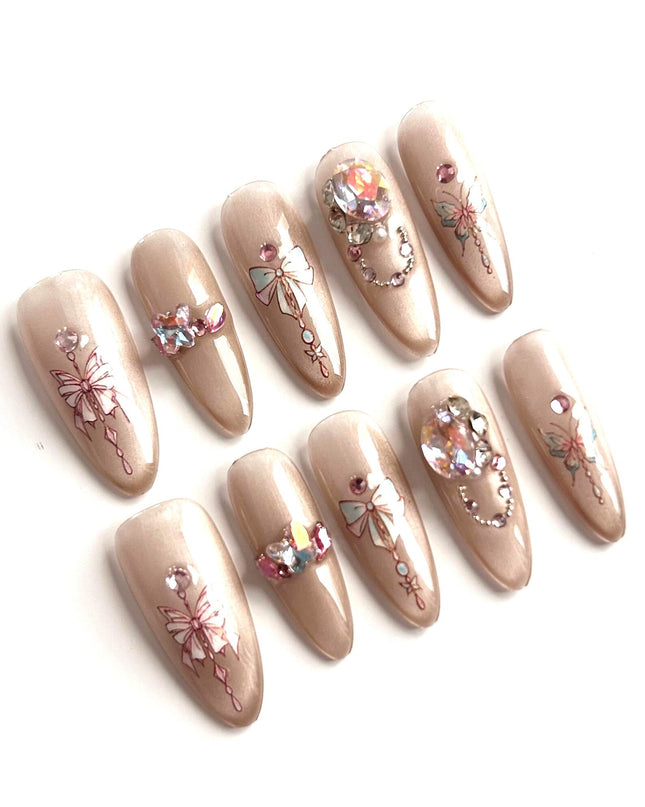 Bow & Crystal Charm Press-On Nails