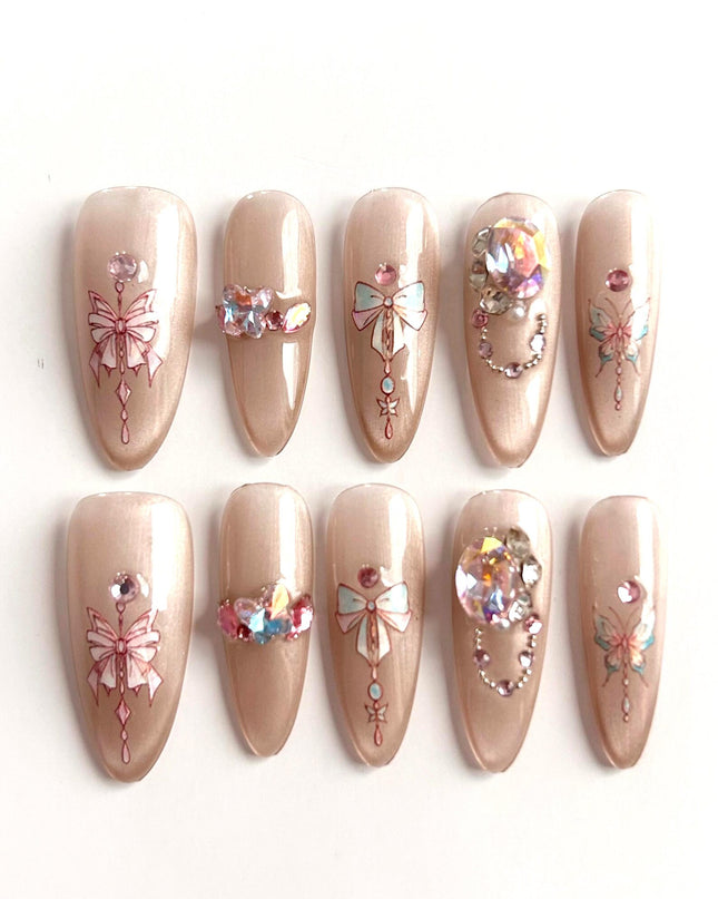Bow & Crystal Charm Press-On Nails