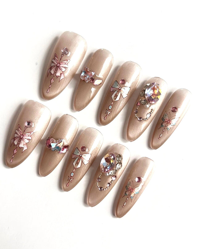 Bow & Crystal Charm Press-On Nails