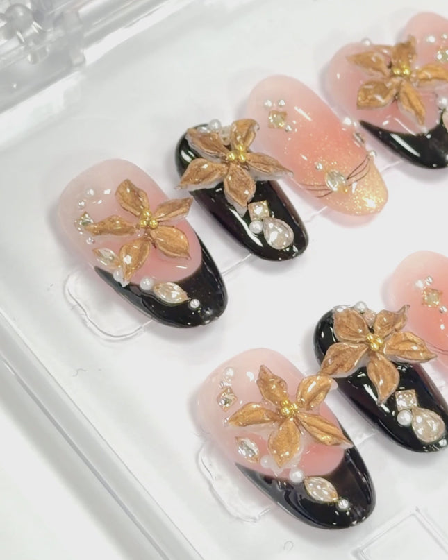 Golden Noir Bloom Press On Nails