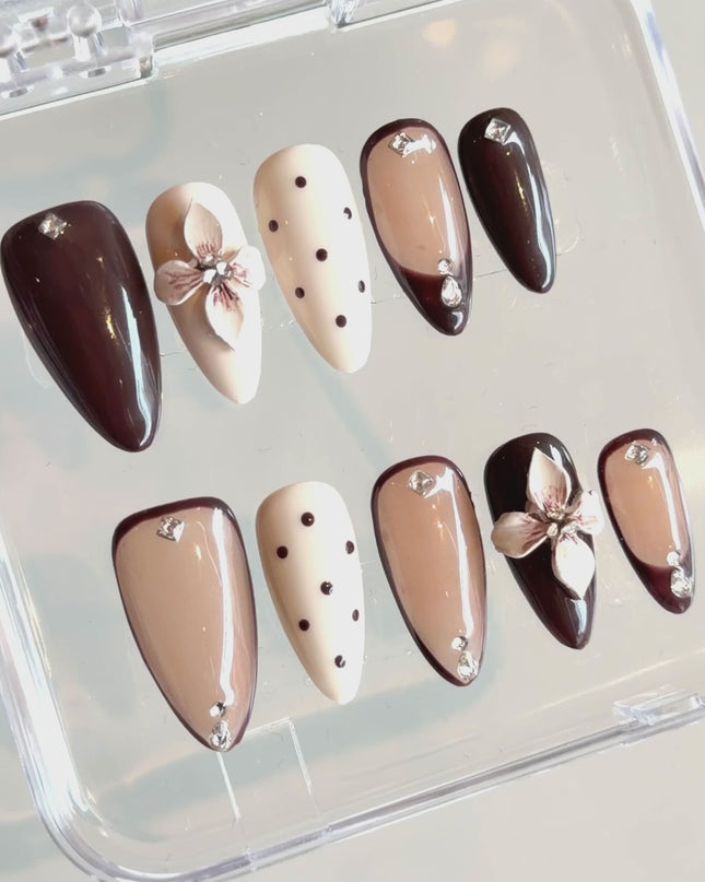 Brown 3D Floral Press On Nails