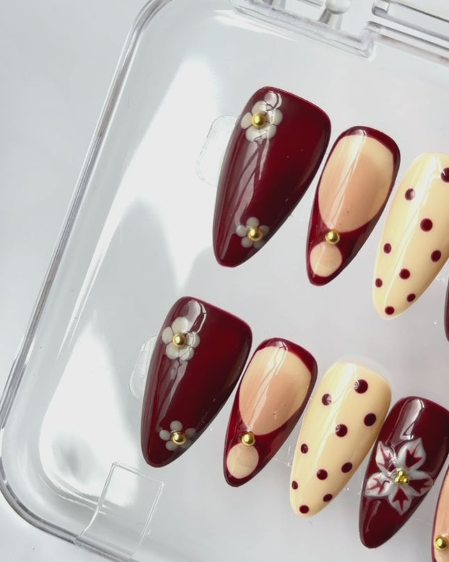 Maroon Blossom Press On Nails