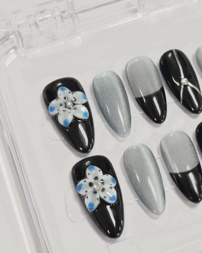 Silver Noir Bloom Press On Nails